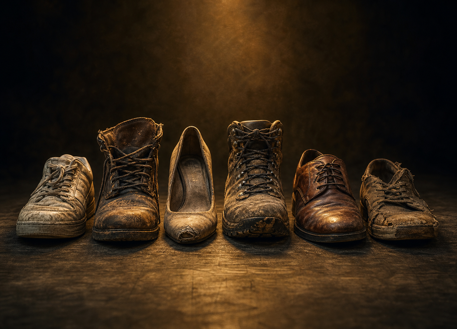 A row of worn shoes — sneakers, boots, heels, and work shoes that have miles on them